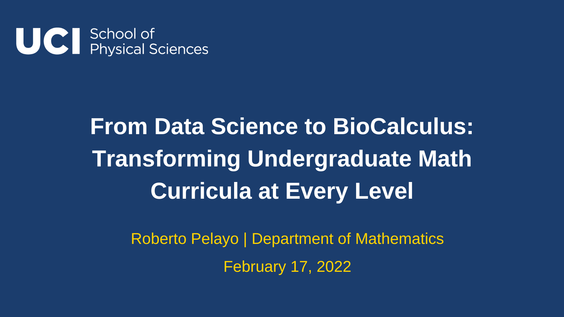 Intro slide with event title. Dark blue background with white and yellow text.