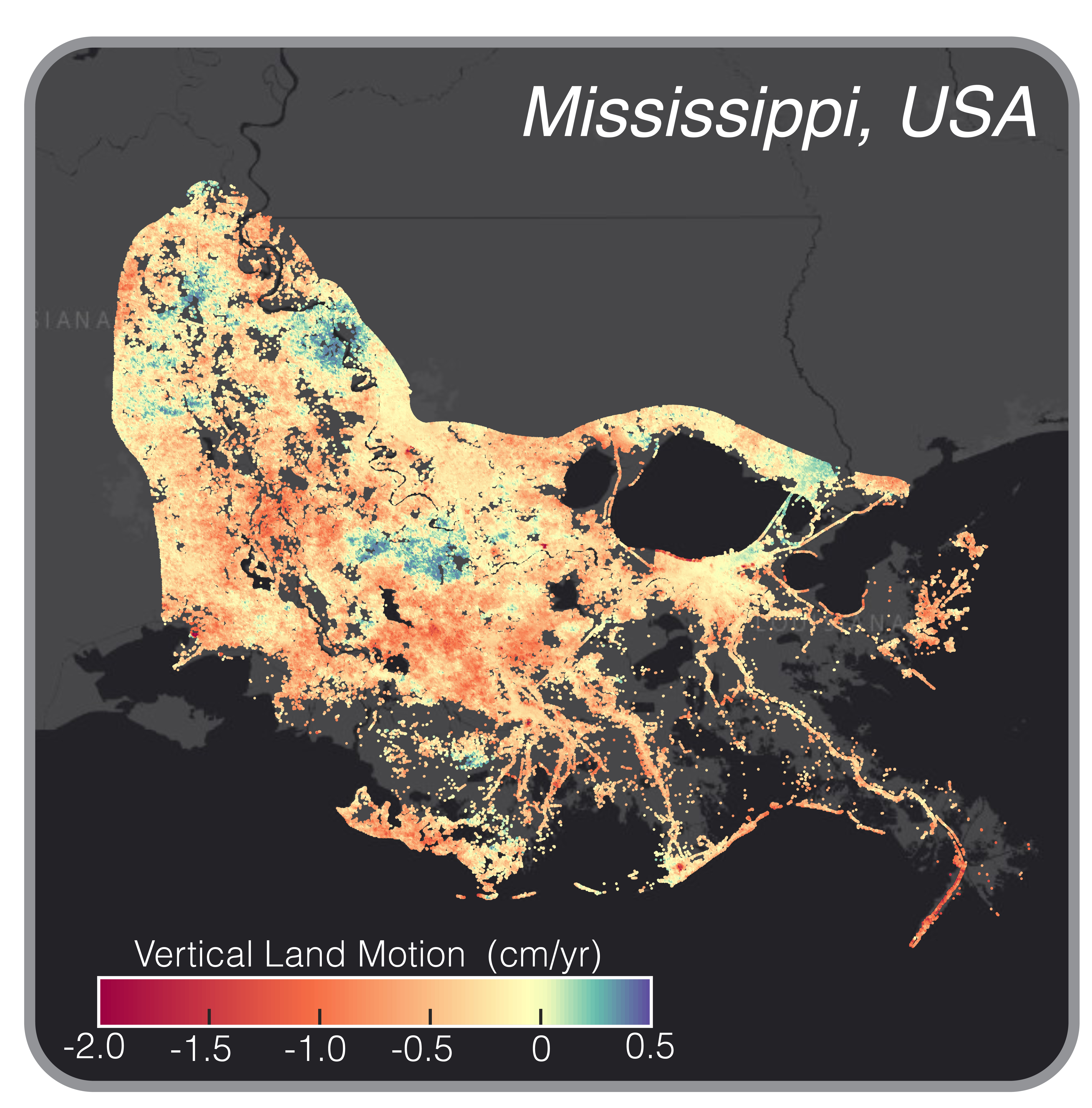A graphic showing land subsidence patterns in the Mississippi Delta.