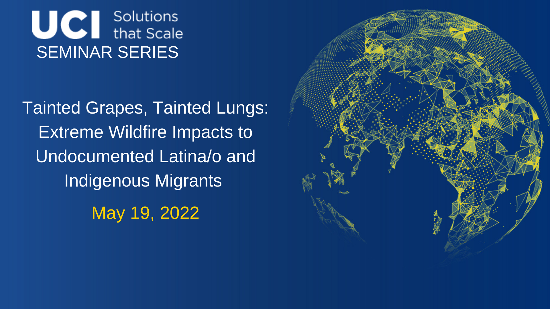 Intro slide with event title. Dark blue background with white and yellow text.