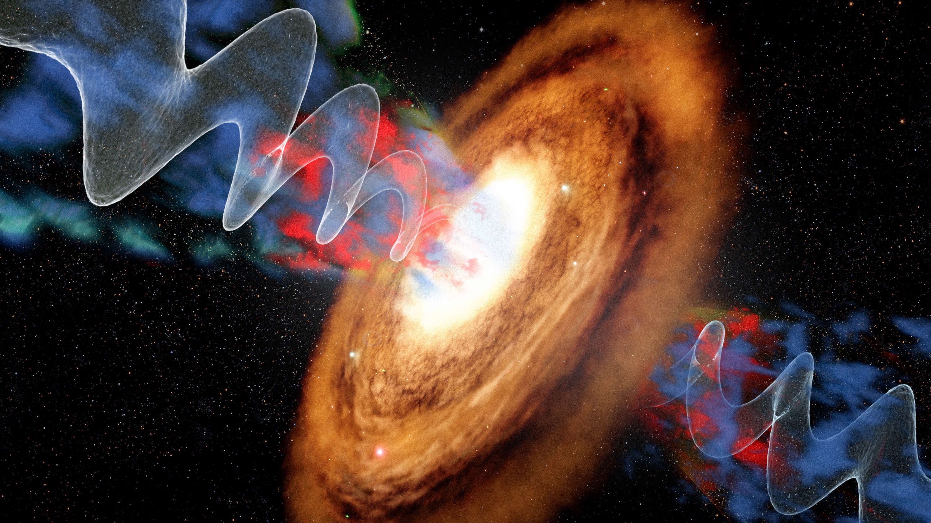 An illustration of a galaxy with a giant helical jet shooting out of both sides.