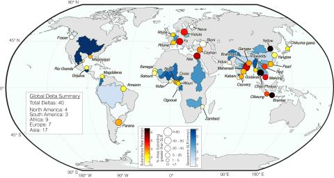 A map showing by how much the world's deltas are subsiding.